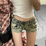 Vevesc Fashion Sexy Low Waist Vintage Tassel Denim Short Pants Summer American Harajuku Streetwear Girl Bottoms Y2k Aesthetic Shorts
