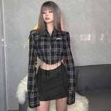 Vevesc Y2k Harajuku American High Street Turn Down Collar Long Sleeve Blouse High Waist Plaid Sid Drawstring Shirts Punk Girl Clothes