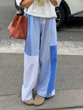 Vevesc  Sweetown Grunge Aesthic Color Block Blue Stripe Baggy Trousers For Women Elastic Waist Loose Casual Woven Pants Lazy Homewear