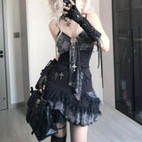 Vevesc Fashion Harajuku High Street Sexy Sling Dress Punk Japan Y2k Aesthetic Patchwork Lace Gothic Girl Clothing Tiered Slim Colithes