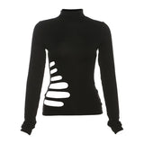 Vevesc Alt Techwear Autumn Chic Y2k High Neck Long Sleeve Pullover Tops Sexy Hollow Out Solid T-shirt Women Slim Gothic Cloth