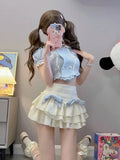 Vevesc Sexy Sweet Cool Moda Fashion Popular Two Piece Sets High Waist Spliced Lace Constrast Color Tops Y2k Bow Design Tiered Skirts