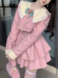 Vevesc Pink French Vintage Two Piece Set Women Japanese Kawaii Bow Sweet Dress Suit Female Autumn Korea Elegant Coat ＋ Cute Strap Dress