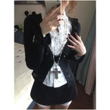 Vevesc French Sweet Cool Harajuku Popular 3 Piece Sets Y2k Exquisite Draped White Blouse Black Cardigan Japan Punk Streetwear Skirts