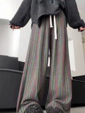 Vevesc Spring Autumn Woolen Wide Leg Pants Y2k E-Girl High Waist Straight Fashion Vintage Trouser Sred Green Striped Knitted