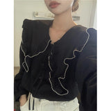 Vevesc Vintage Ruffles Shirts Women Elegant Black Patchwork Long Sleeve Blouses Office Ladies Korean Bandage Casual Chic Tops New