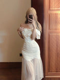 Vevesc  French Sexy Matching Sets Slash Neck Ruffles Sleeveless Crop Tops High Waist Gauze Patchwork Skirt Summer Elegant Women Clothing