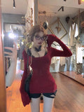 Vevesc Fashion Vintage Halter Sexy Lace Black Vest+ Y2k Slim Fit Long Sleeve Red Tops Women 2024 Early Autum New Two Piece Sets