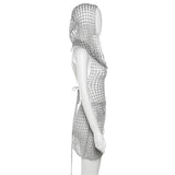 Vevesc Y2k Sexy Two Piece Set Hollow Out Knit Sequin Hooded Crop Top And Mini Skirt Crochet Rave Festival Outfits For Women