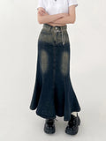 Vevesc Women's Blue Denim Skirt Harajuku Korean Y2k Long Skirt Fashion Vintage 90s Casual A-line Jean Skirt 2000s Clothes Autumn