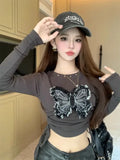 Vevesc American Sweet O Neck Long Sleeve Women Side Drawstring Tops Fairy Bow Pring Streetwear T Shirt High Wiast Y2k Aesthetic Tees
