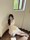 Vevesc Cute Kawaii Fairy Mini Yellow Dress Women Japanese Y2k Ruffles Puff Sleeve Tunic School Dresses Sweet Lolita Vestidos