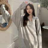 Vevesc Street Lazy Lapel Neck Gray Sweatshirts 2024 Autumn New Mid-length Tops Women Y2k E-Girl Long Sleeve Loose Sweatshirt Coats