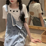 Vevesc New Lace Denim Strap Shorts For Wome Y2k Summer Slim Waist Up Jean Fashion Thin Straight Wide Leg