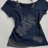 Vevesc  Y2k Clothes Fake 2 Pieces T-shirts Summer Harajuku Streetwear Retro Ropa De Mujer Print Flowers Sexy T Shirt for Women