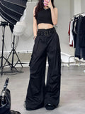 Vevesc Women Black Gothic Baggy Pants Harajuku Streetwear Oversize Pants Y2k 2000s 90s Parachute Pants Vintage Trouser Emo Clothes 2024