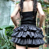 Vevesc Japanese Harajuku Sweet High Street Cute Short Pants Spliced Pleated Y2k Aesthetic 2000s Tiered Design Pant Lolita Women Bottom