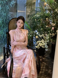 Vevesc  Chinese Style Light Pink Cheongsam Dress Women Elegant Floral Print Party Dress Summer Short Sleeve Stand Collar A Line Chipao