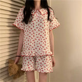 Vevesc Cotton Sleepwear Korean Pajamas for Women Summer 2024 Pijama Cherry Print Pyjamas Female Set Woman 2 Piece Cute Loungewear
