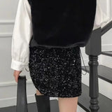 Vevesc  Sequins Shiny Mini Skirt Solid Korean Fashion Spring Autumn A-line Faldas Mujer High Waist Elegant Sweet Women Skirts