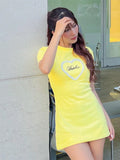 Vevesc Heart Embroidery Dress Women Solid Round Neck Short Sleeve Stretch Skinny Sexy Mini Bodycon Hot Girl Street Outfit