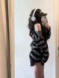 Vevesc Office Lady American Off The Shoulder Hole Lazy Sweaters Y2k Aesthetic Spliced Striped Harajuku Punk Pullovers Vintage Clothes