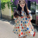 Vevesc 2024 Sweet Korean Style Peter Pan Collar Short Sleeve Maternity Blouse Long Loose Pregnancy Polka Dot Shirt Pregnant Woman Dress