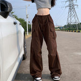 Vevesc Y2K Brown Drawstring Cargo Pants Women Vintage Hip Hop Streetwear Baggy Pocket Wide Leg Trousers Summer Casual Straight Pants