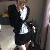 Vevesc French Sweet Cool Harajuku Popular 3 Piece Sets Y2k Exquisite Draped White Blouse Black Cardigan Japan Punk Streetwear Skirts