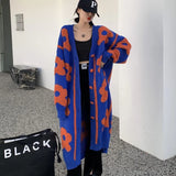 Vevesc Streetwear Long Knitted Cardigan Women Flower Print Sweater Coat Harajuku Oversized Knitwear Korean Jumpers Outerwear Tops