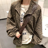 Vevesc Harajuku Streetwear Leopard Jackets Women Y2k Aesthetic Zipper Casual Drawstring Coats Grunge Loose Vintage Streetwear Tops