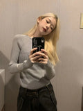 Vevesc Crewneck Solid Color Long-sleeved Sweater Slim Y2k Clothes Stripe Design Harajuku Knitwears Korean Fashion Pull Femme