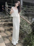 Vevesc  Fashion Elegant Matching Sets Sleeveless Ruffles Patchwork Tanks+high Waist Straight Pants Solid Color Summer Women's Clothing