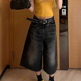 Vevesc American Street Straight Calf-Length Pants Y2k Vintage Black Washed Denim Shorts 2024 New High Waist Wide Leg Jeans Women