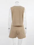 Vevesc Spring Summer Women Solid Khaki Office Shorts Set  V-neck 2 Two Piece Matching Sets For Women