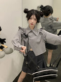 Vevesc Women Grey Gothic Shirts and Blouses Harajuku Y2k 2000s Chinese Style Vintage Elegant Long Sleeve Shirt Top Clothes Autumn