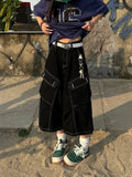 Vevesc  Vintage Black Women Cargo Jeans Pocket Wide Leg American Style Straight Denim Pants Washed Overzised Streetwear Summer