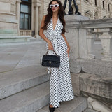 Vevesc  Polka Dot Floral Long Dress Women Fashion Sleeveless Neck Slit Spring Party Evening Dress Female High Waist Dress 2025