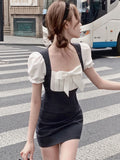 Vevesc Korean Fashion Kawaii Two Piece Set Women Bow Elegant Party Mini Skirt Set Female Casual Tops + Vintage Bodycon Skirt Suit