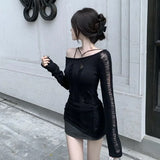 Vevesc Black Vintage Y2K Hollow Out Knitted Sweater Women Harajuku Sexy Slim Off Shoulder Jumper Korean Long Sleeve Tops Kpop Grunge