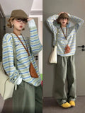 Vevesc New Fashion Simple Fresh O Neck Long Sleeve T Shirt All Match Sweet Korea Constrast Color Striped Loose Lazy Tops Y2k Spring Tee