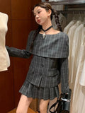 Vevesc Preppy Style Plaid Two-piece Suit Women Harajuku Slash Neck Vintage Single Breasted Overcoat Girls Sweet Pleated Grunge Skirts