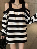 Vevesc Harajuku Striped Sweatshirts Women Vintage Goth Oversized Hoodies Loose Casual Off Shoulder Pullover Tops Kpop Clothes