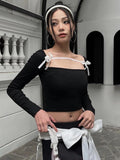 Vevesc Black Top Y2k Cute Sexy Bow Tie Square Neck Backless Long Sleeve Tshirts Korean Fashion Crop Tops Spring