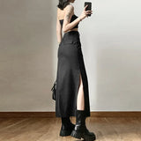 Vevesc Women Midi Skirts Goth Dark Grunge Casual Tag Split Mall Gothic Punk High Raise Slim Long Skirt Y2k Sexy Fashion Streetwear