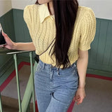 Vevesc Spring Summer Knitting T-shirts Simple Hemp Pattern O Neck Solid Knitted Tees Short Sleeve Korean Fashion Ropa De Mujer