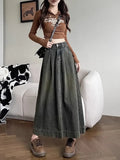 Vevesc Women Denim Skirt Y2k Emo 2000s Clothes Long Skirt Harajuku Korean 90s Fashion Vintage Gradient A-line Jean Skirt Grunge Clothes