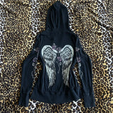 Vevesc 00s Aesthetic Vintage Jacket Y2k Grunge Zip Up Sweatshirt Flower Wings Print Slim Fit Hoodies E-girl Gothic Cool Street Outwear