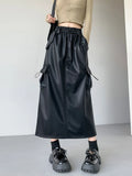 Vevesc Women's Black Pu A-line Long Skirt Vintage Y2k Skirt Harajuku Korean Streetwear Elegant Patchwork Skirt 2000s Clothes Autumn
