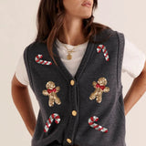 Vevesc Christmas Sequin Gingerbread Man Sweater Vest Button Down Open Front Candy Cane Party Casual Knit Cardigan Tank Top for Women